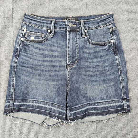 Judy Blue Shorts Womens Medium Blue Denim Raw Hem Distressed Stretch Comfort - Picture 1 of 6